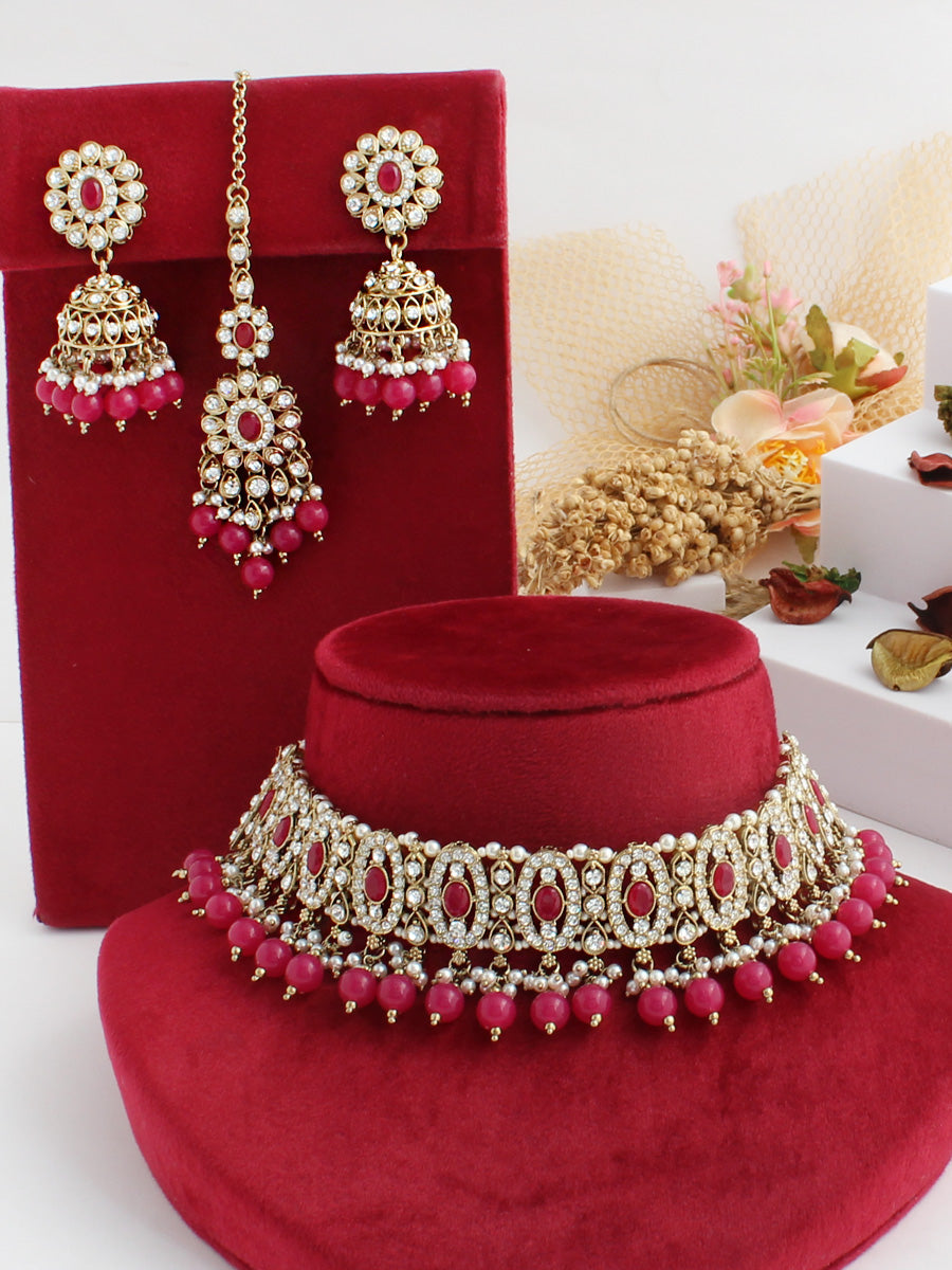 Aasma Choker Necklace Set-Ruby Pink