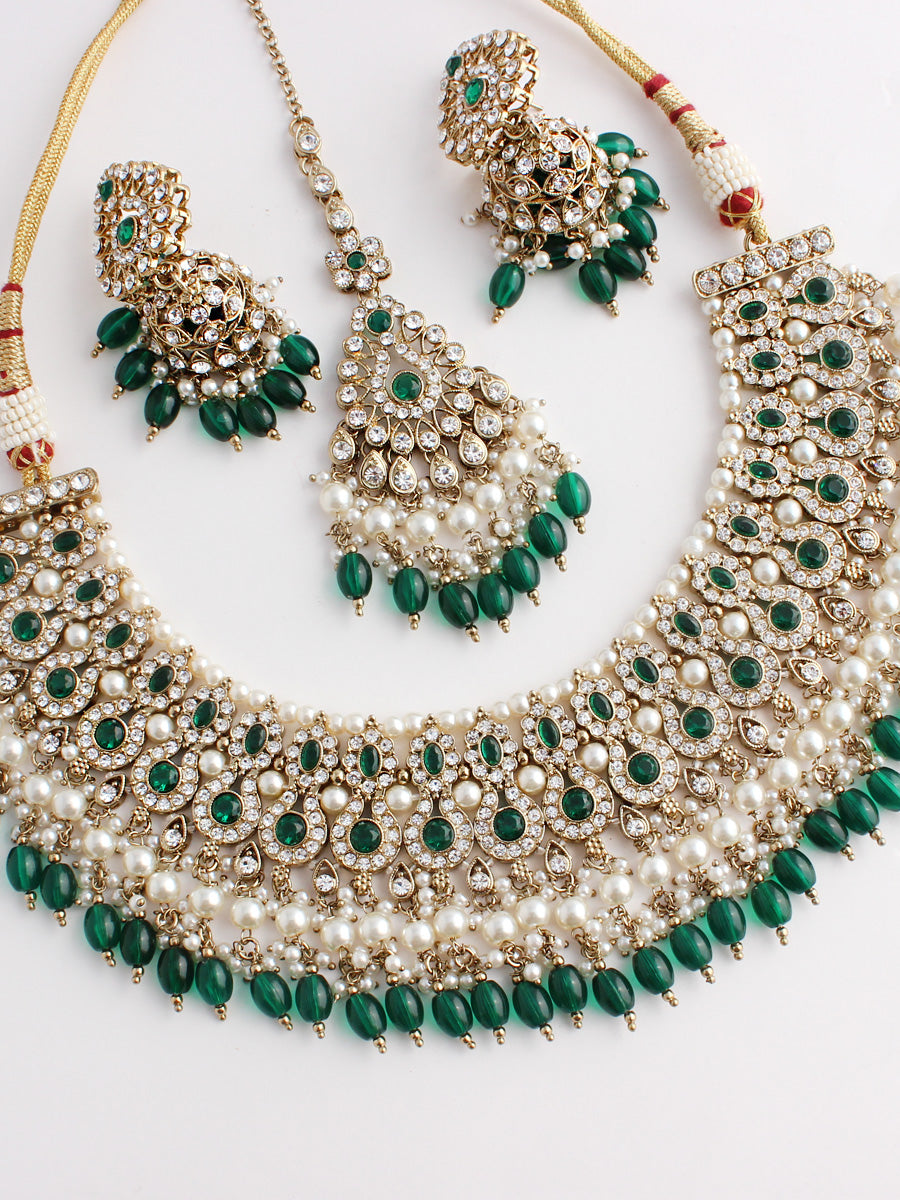 Heena Bib Necklace Set-Green