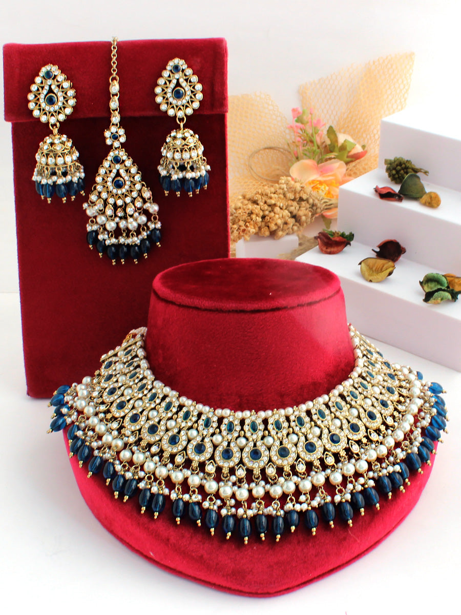 Heena Bib Necklace Set-Blue