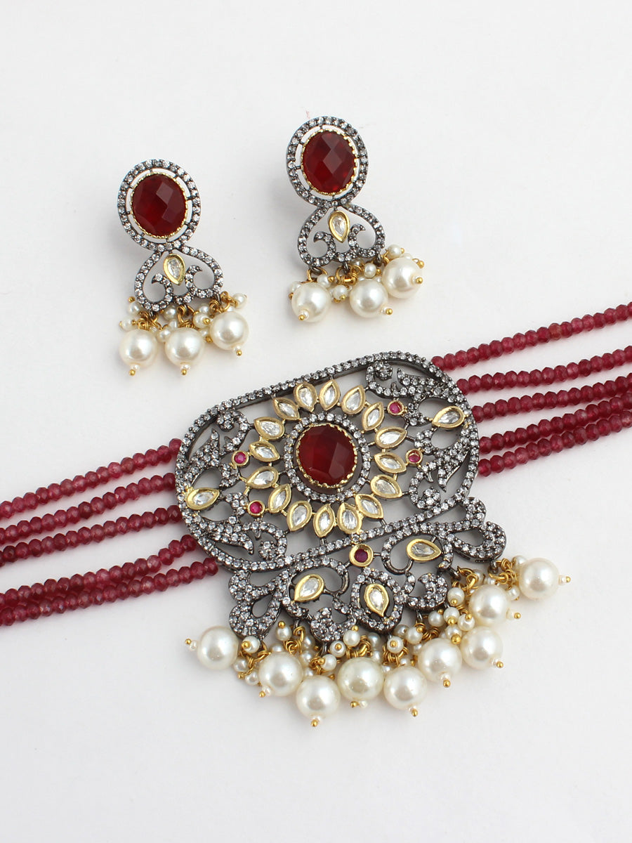 Shifa Choker Necklace Set-maroon