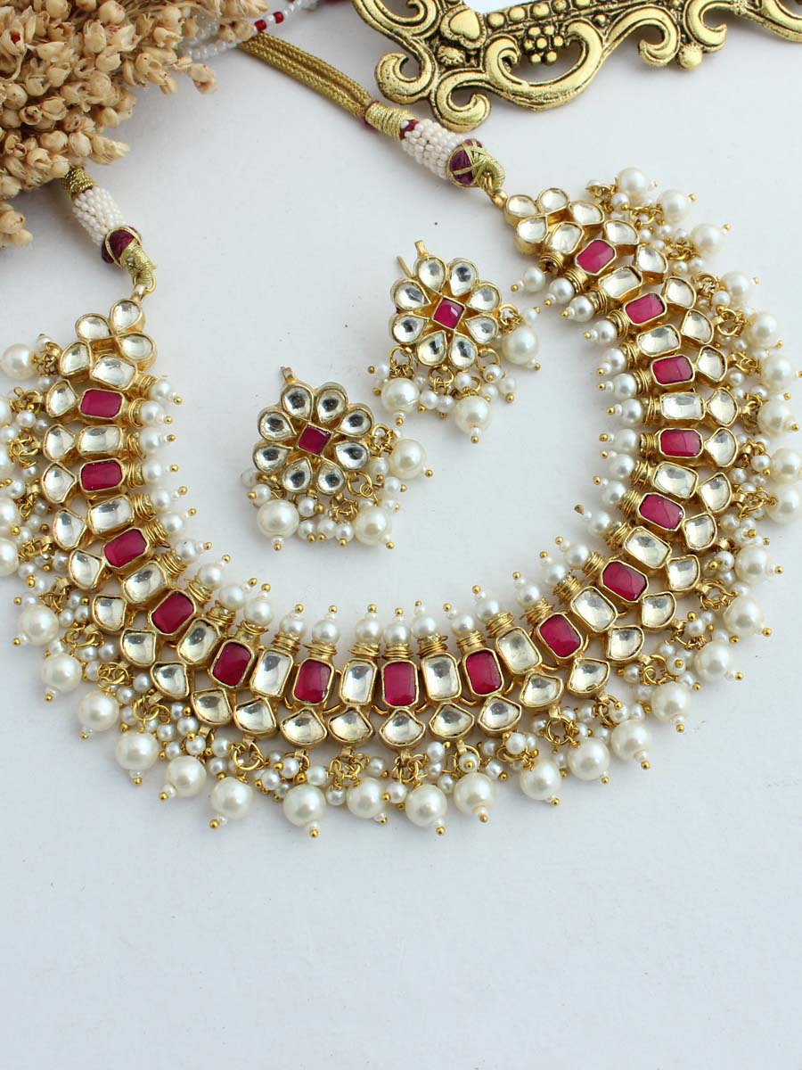 Pallavi Bib Necklace Set-Hot Pink