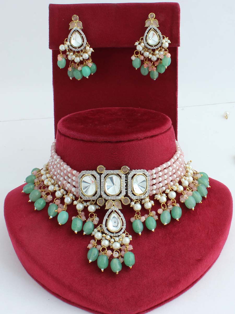 Harshita Necklace Set- pastel Pink  / Mint green