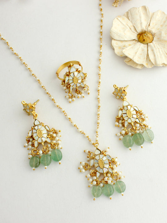 Nishvi Mala Necklace Set With Ring-Mint  Green