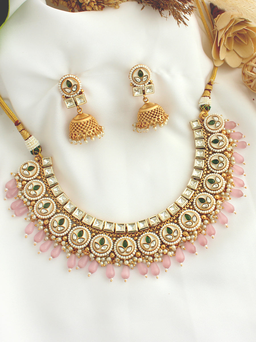 Dhruvi Bib Necklace Set-Pastel Pink