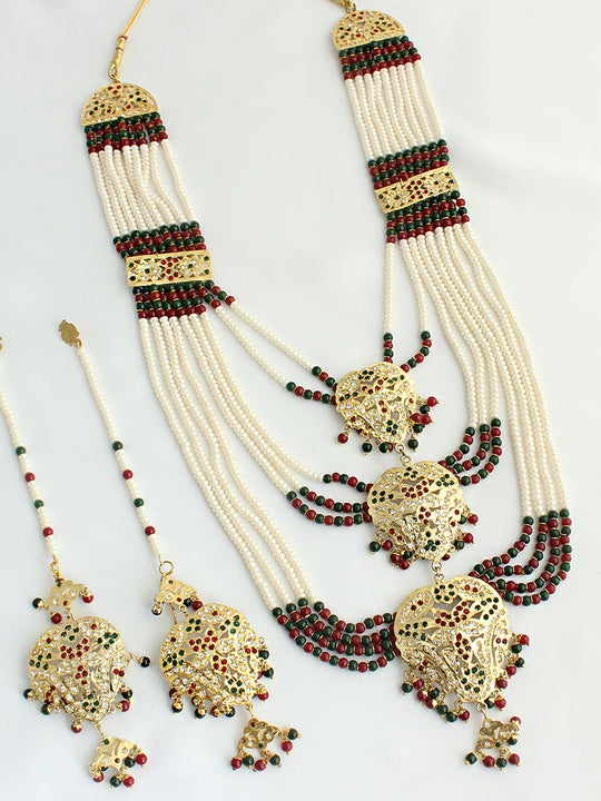 Abira Jadau Layered Necklace Set-Marron/Green