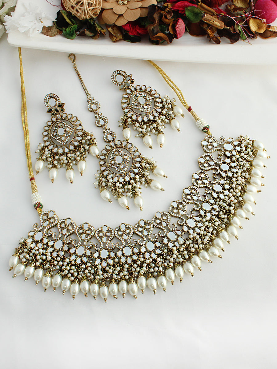 Chetna Mirror Bib Necklace Set -White