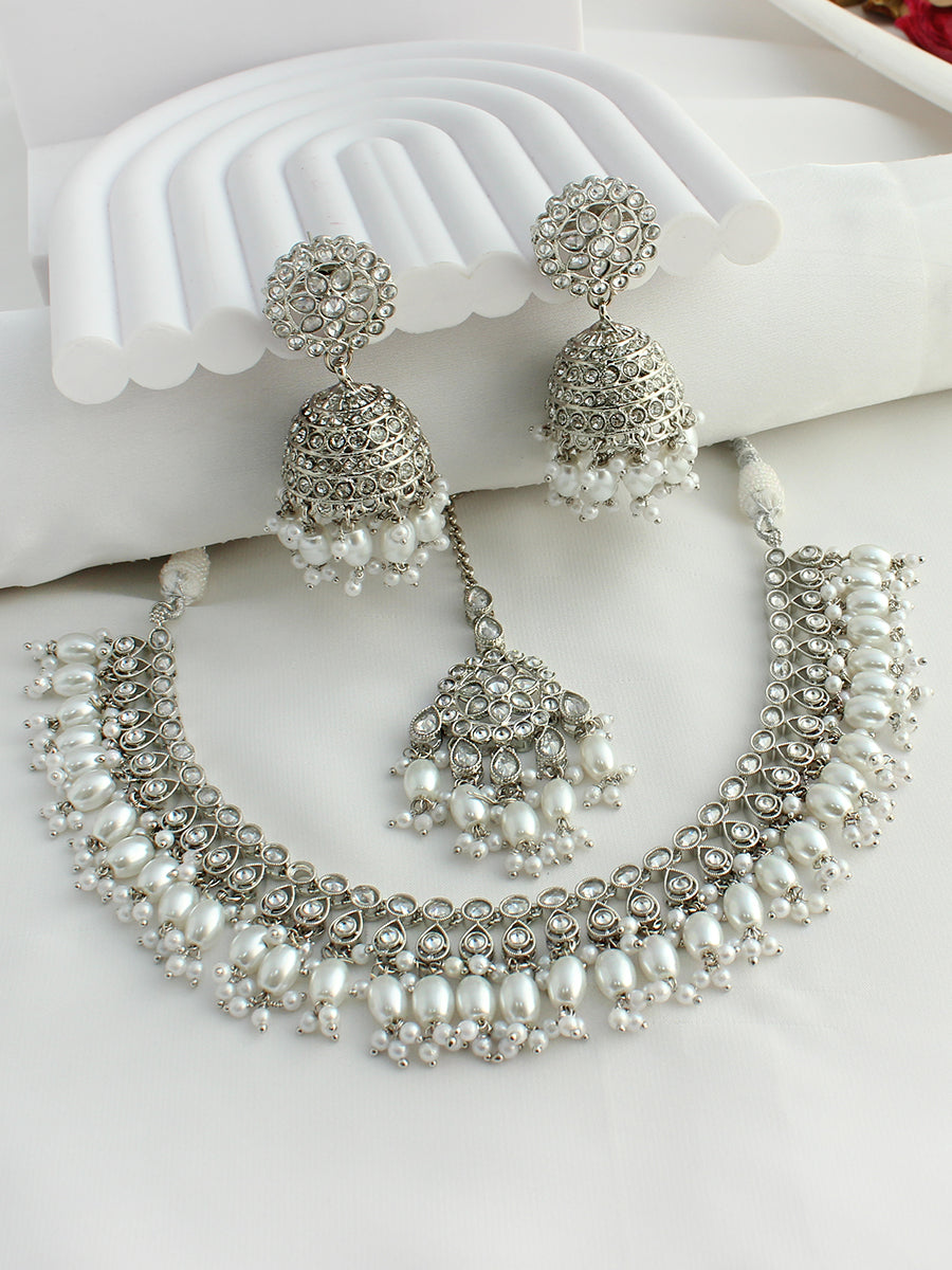 Dhruvi Choker Necklace Set-Silver
