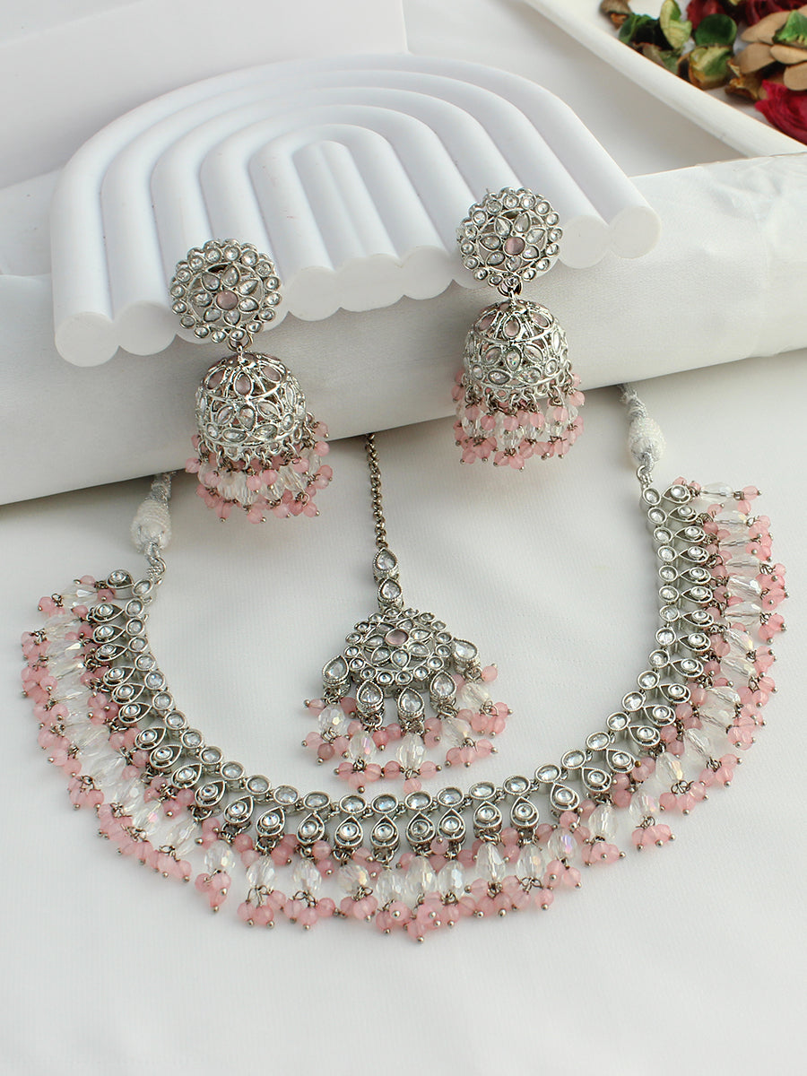 Dhruvi Choker Necklace Set-Pastel Pink
