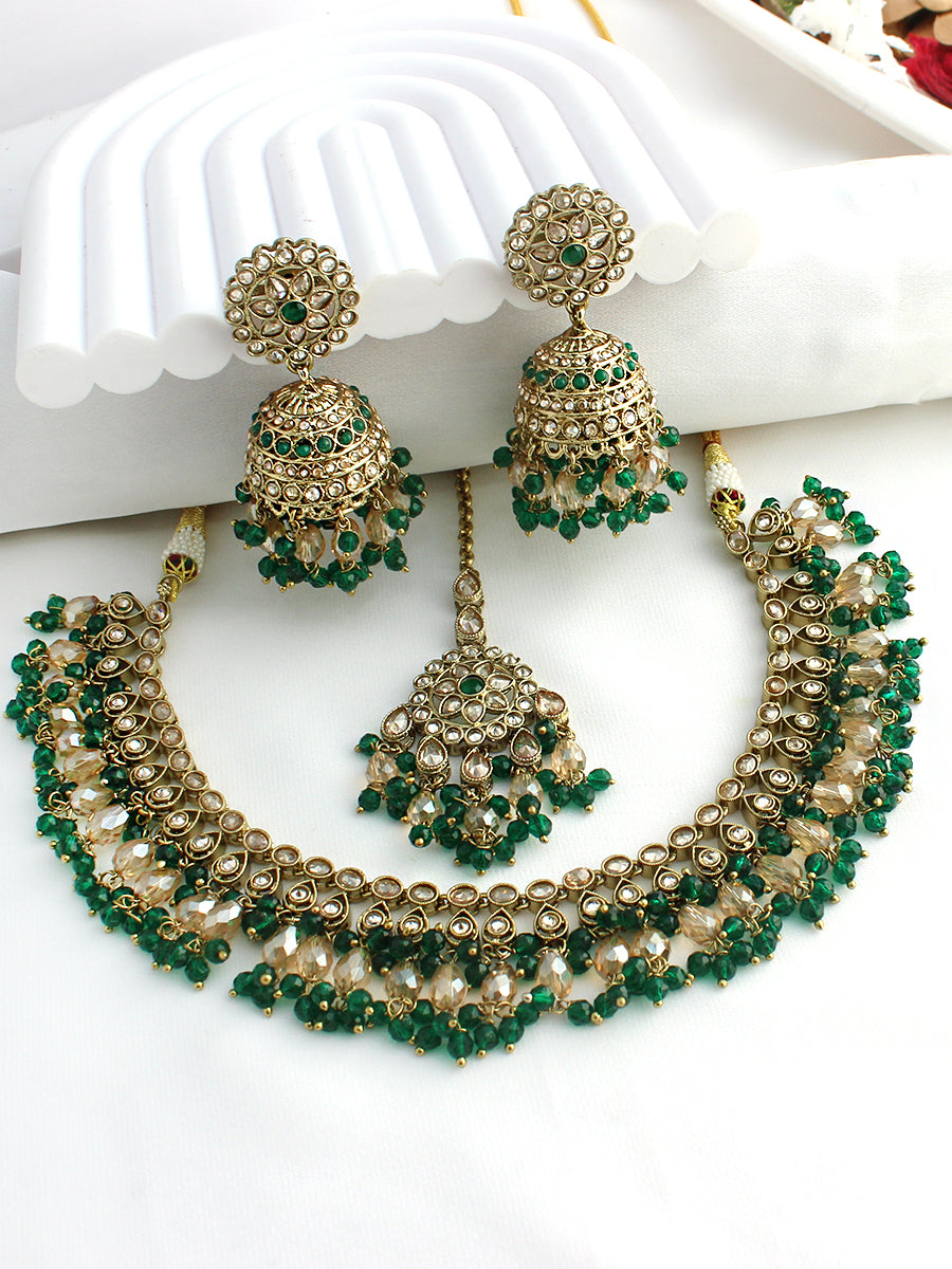 Dhruvi Choker Necklace Set-Green