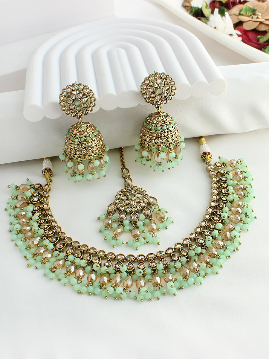 Dhruvi Choker Necklace Set-Mint Green
