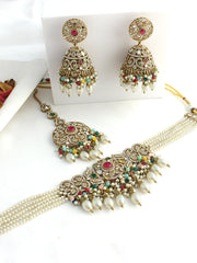 Nirvi Mirror Choker Necklace Set-Multicolor