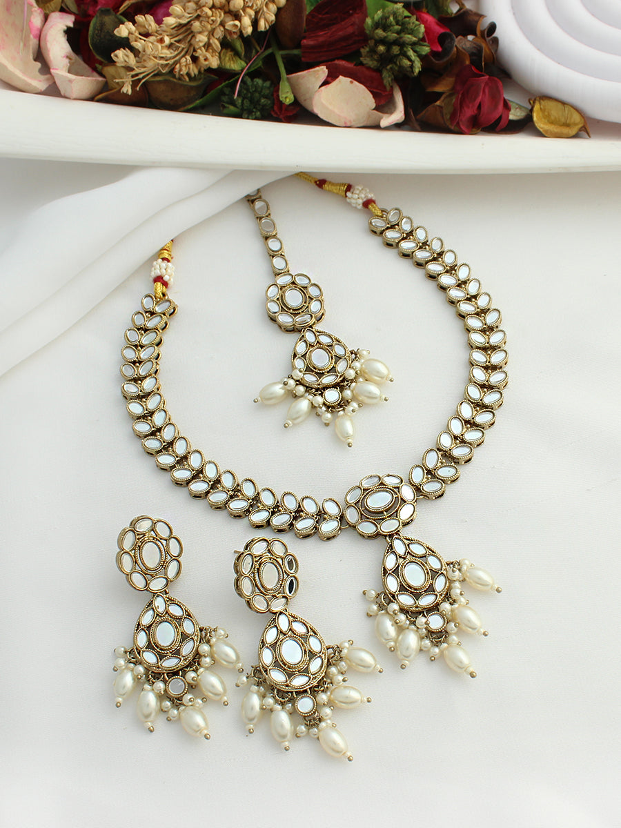 Kanak Mirror Necklace Set-White