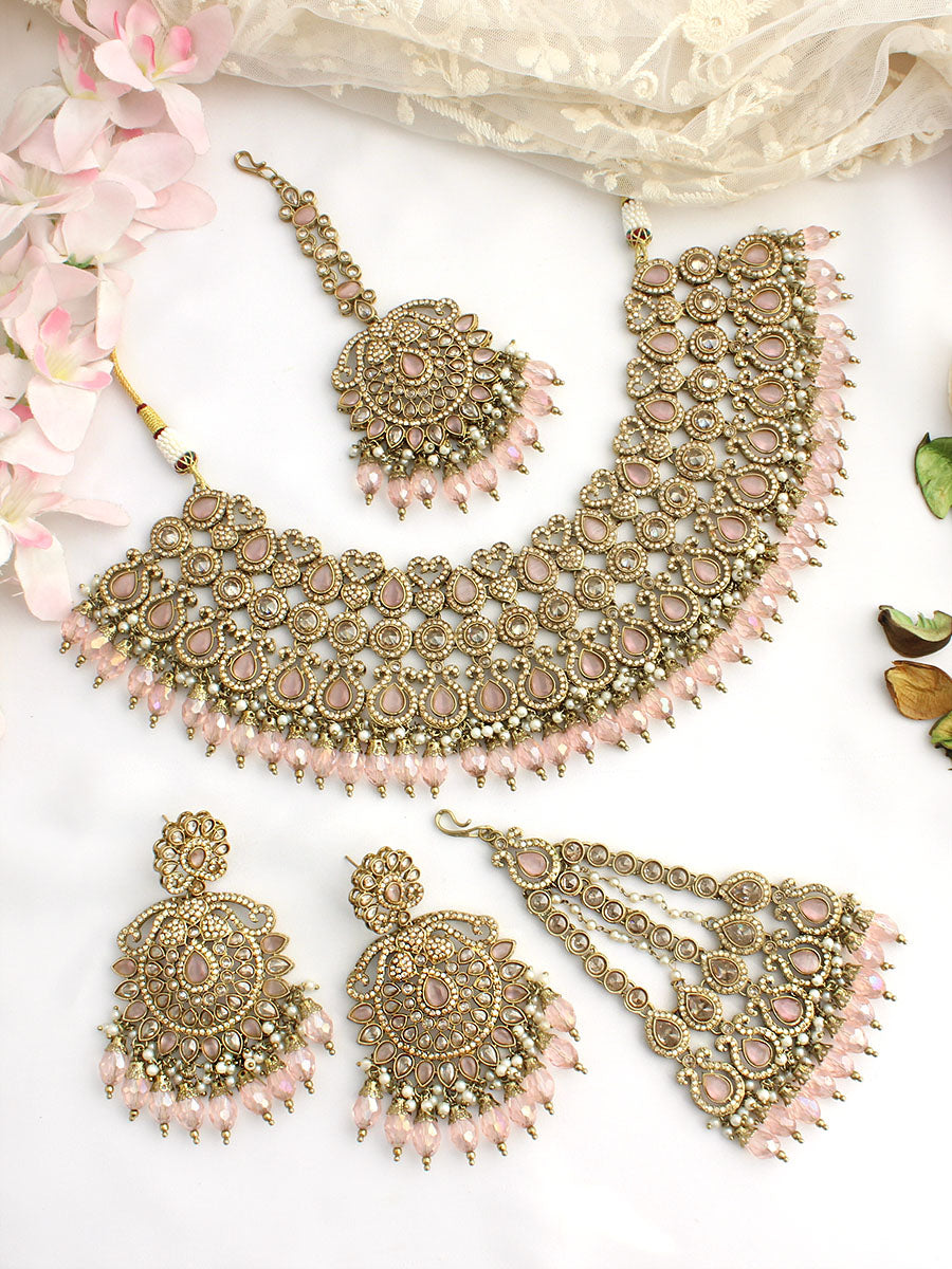 Nivika Bib Necklace Set -Pastel Pink