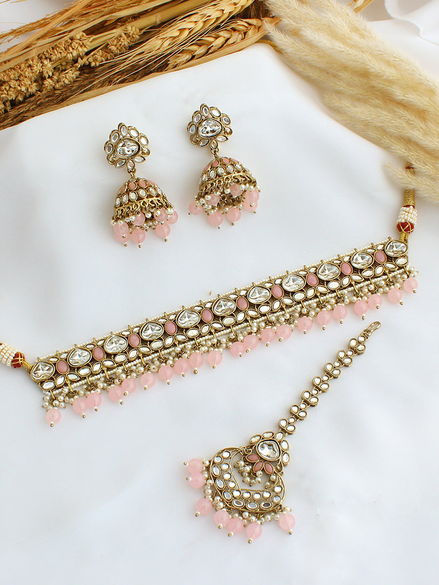 Anaysha Choker Necklace Set-Pastel Pink