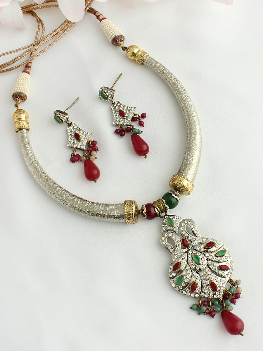 Rambha Necklace Set-Maroon / Green